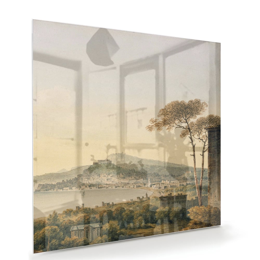 Glazenschilderij van een rustiek landschap met bergen en zonsopgang.