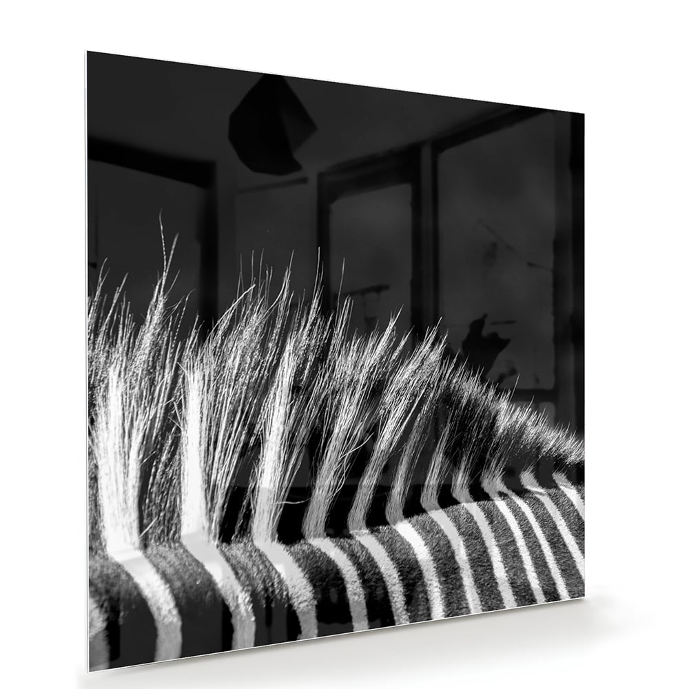 Een modern zwart-wit glazen schilderij met naadloze lijnen aan de muur.