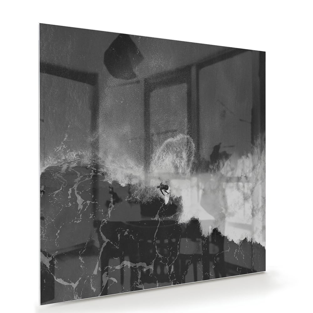 Abstract glazen schilderij in zwart-wit, perfect voor moderne interieurs.