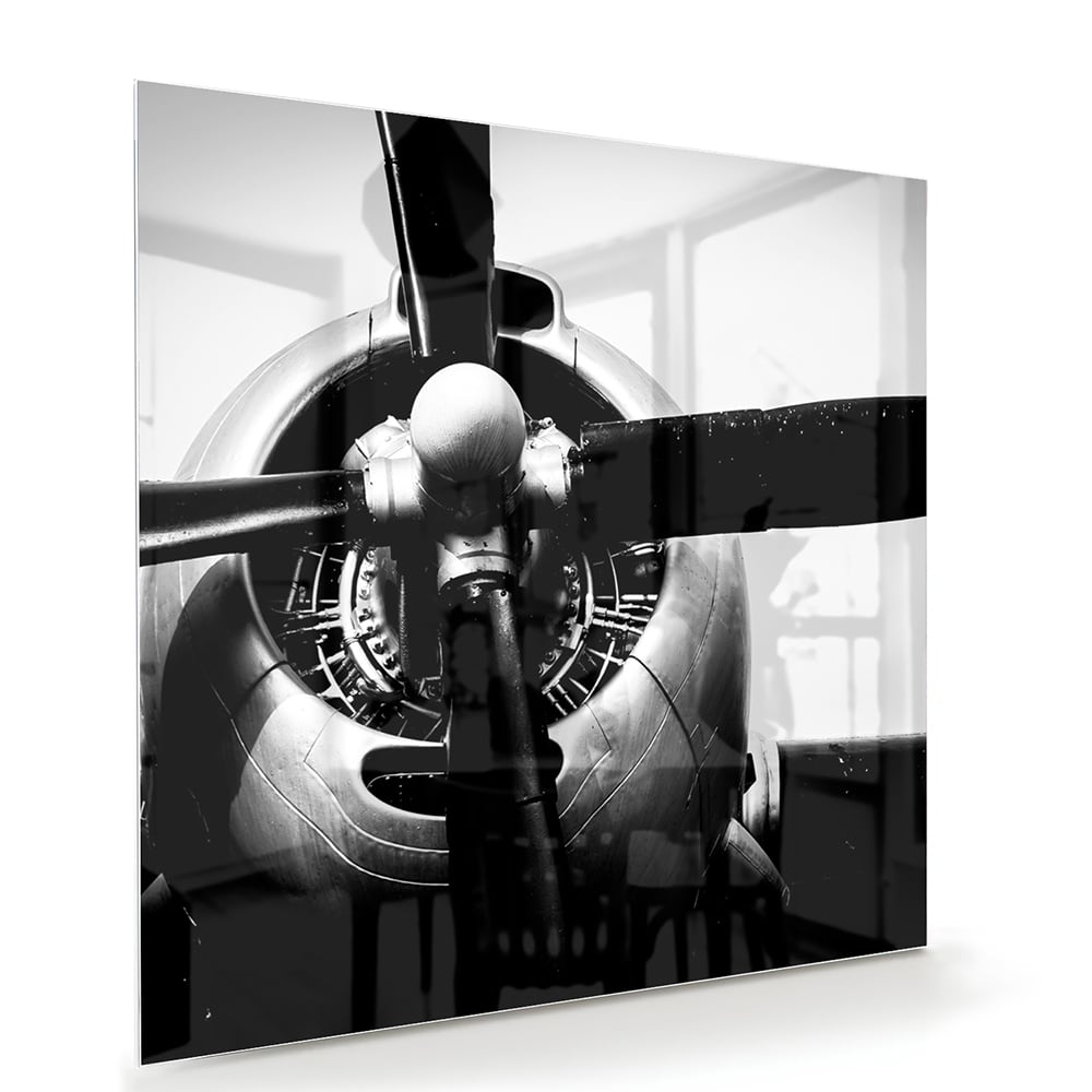 Zwart-wit glazen schilderij van een vintage vliegtuigpropeller tegen een lichte muur.