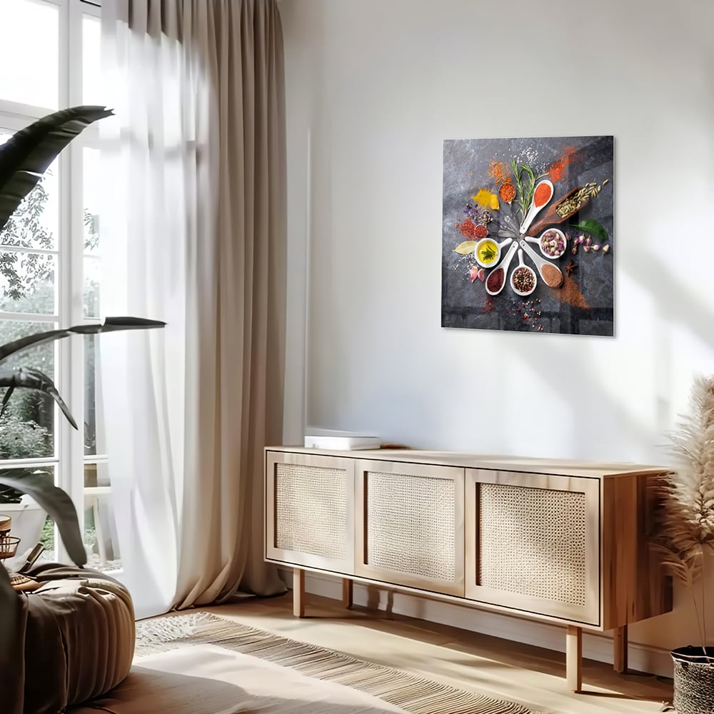 Glazen schilderij met specerijen en kruiden op een donkere ondergrond
