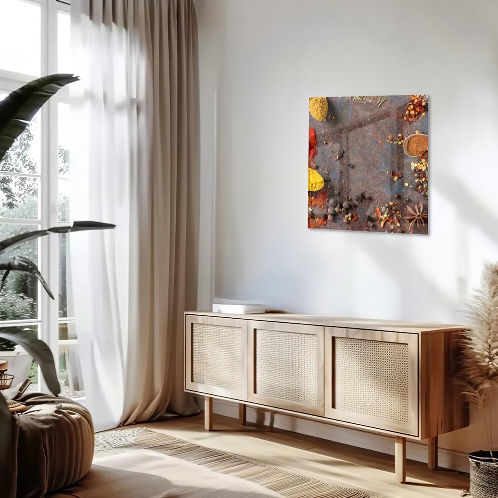 Een kleurrijk glazen schilderij met specerijen en kruiden, perfect voor keukeninrichting.