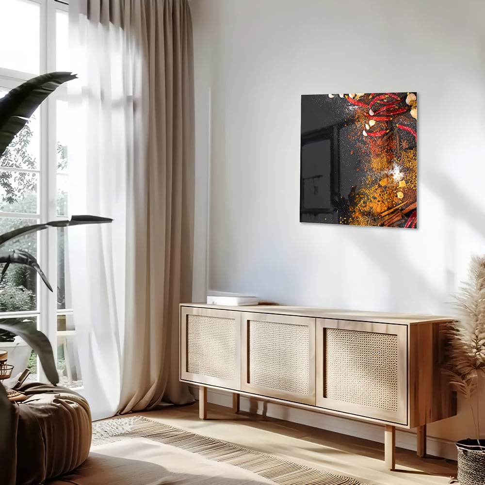 Abstract glazen schilderij met warme kleuren hangt aan de muur