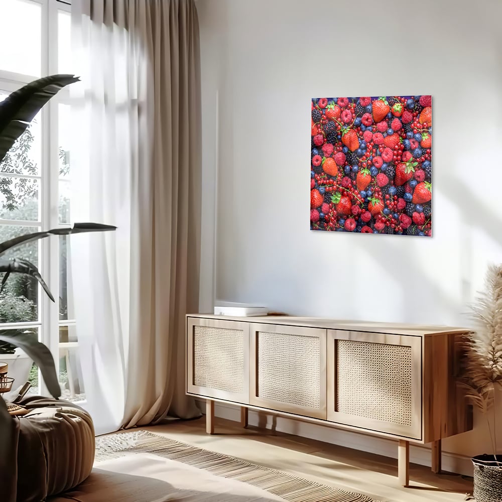 Glazen schilderij met een kleurrijke afbeelding van bessen en fruit