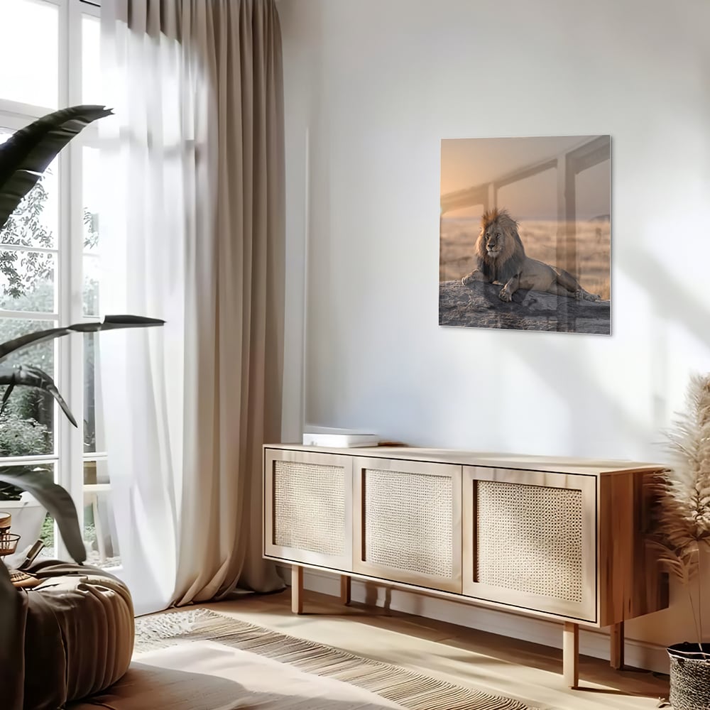Glazen schilderij van een leeuw die op een rots ligt met zonsondergang op de achtergrond.