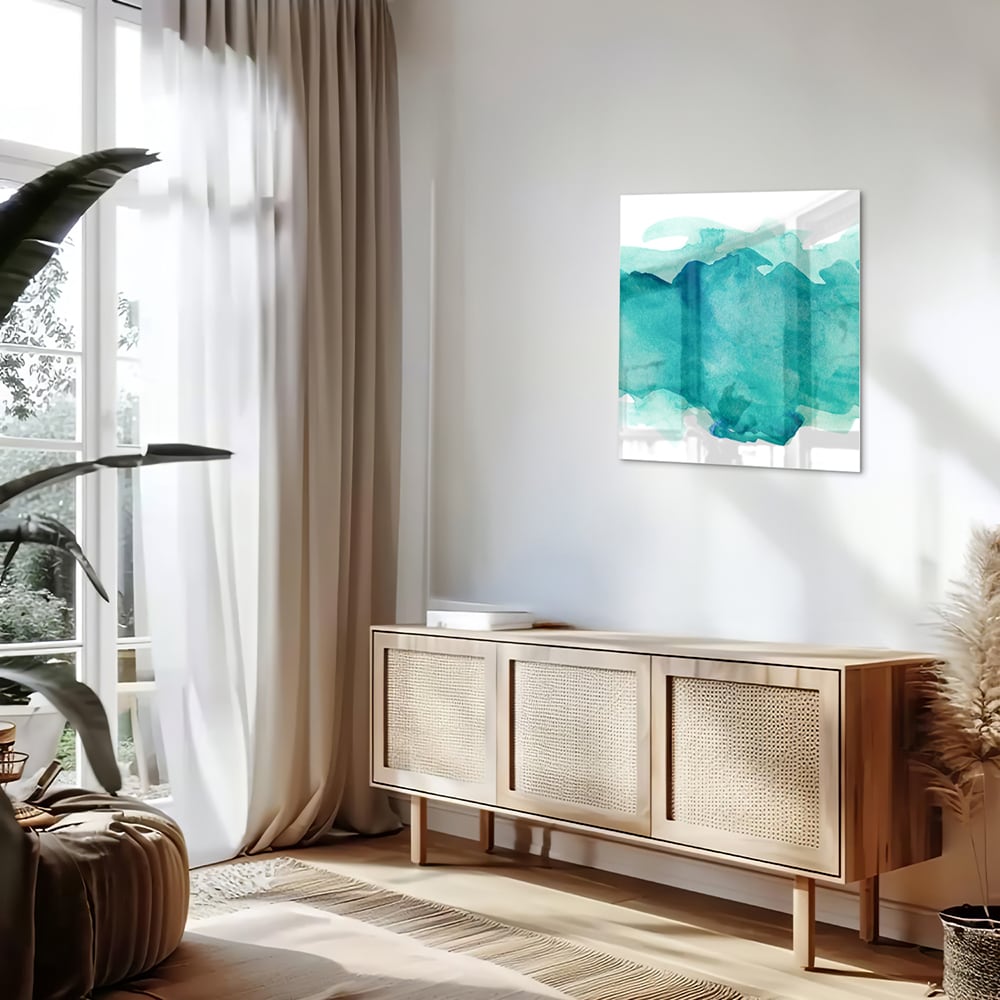 Abstract glazen schilderij met turquoise tinten, perfect voor moderne interieurs.