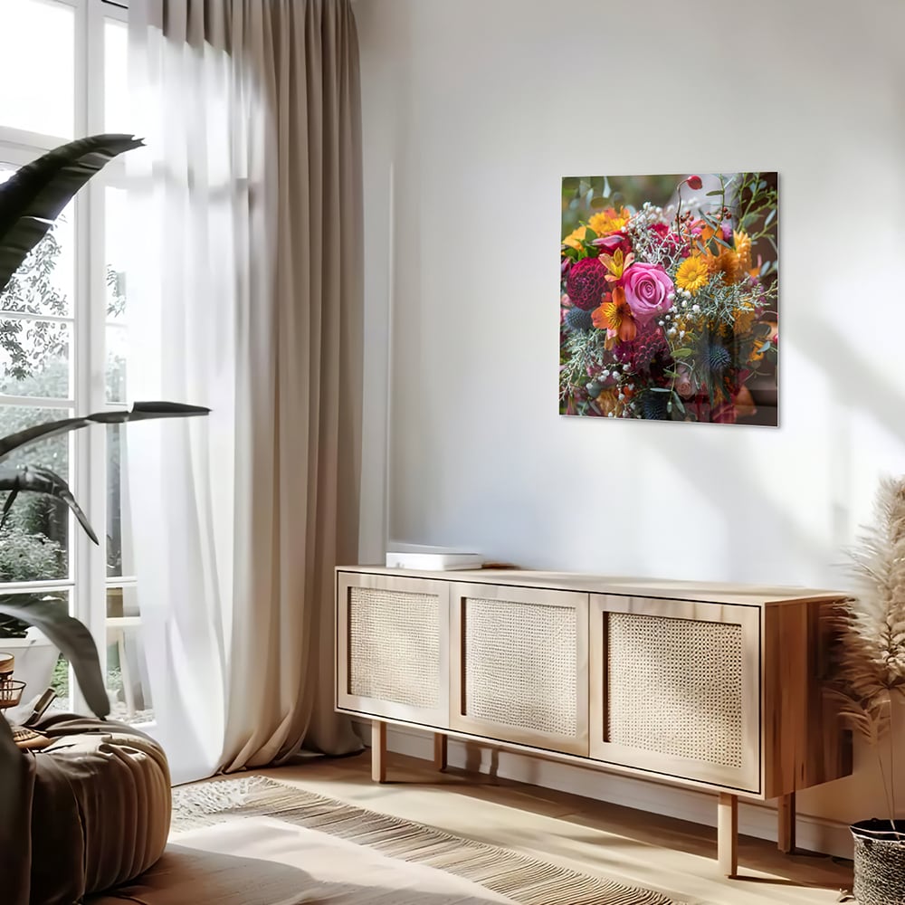 Glazen schilderij met een kleurrijk boeket bloemen aan de muur