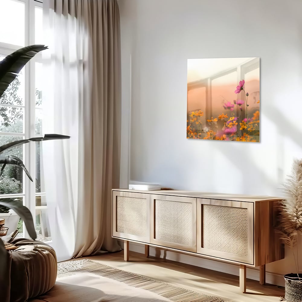 Glazen schilderij met kleurrijke bloemen tegen een pastelachtergrond.
