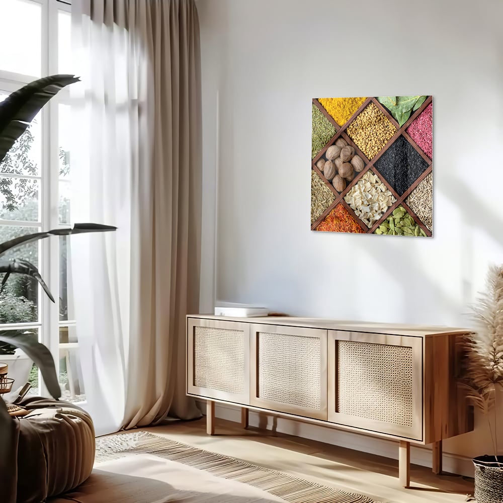 Kleurrijk glazen schilderij met verschillende specerijen in vakken