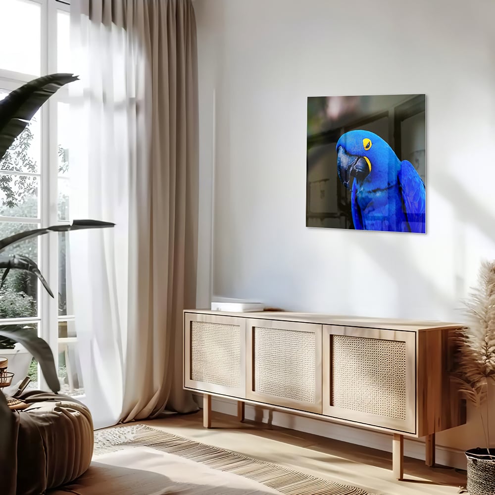 Glazen schilderij van een blauwe ara, ideaal voor wanddecoratie.