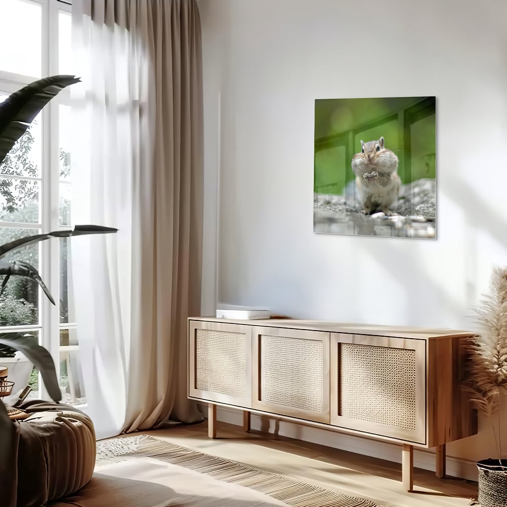 Glazen schilderij van een eekhoorn met een noot in zijn hand