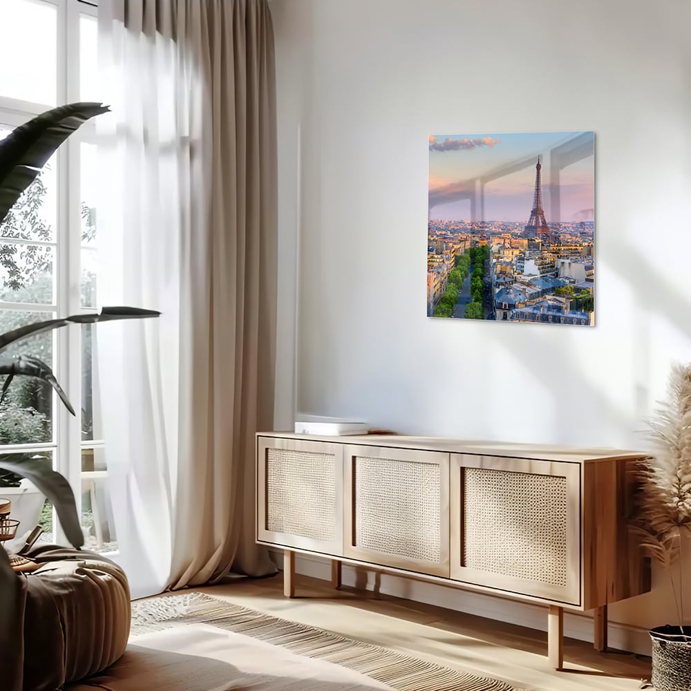 Glas schilderij van de Eiffeltoren in Parijs bij zonsondergang