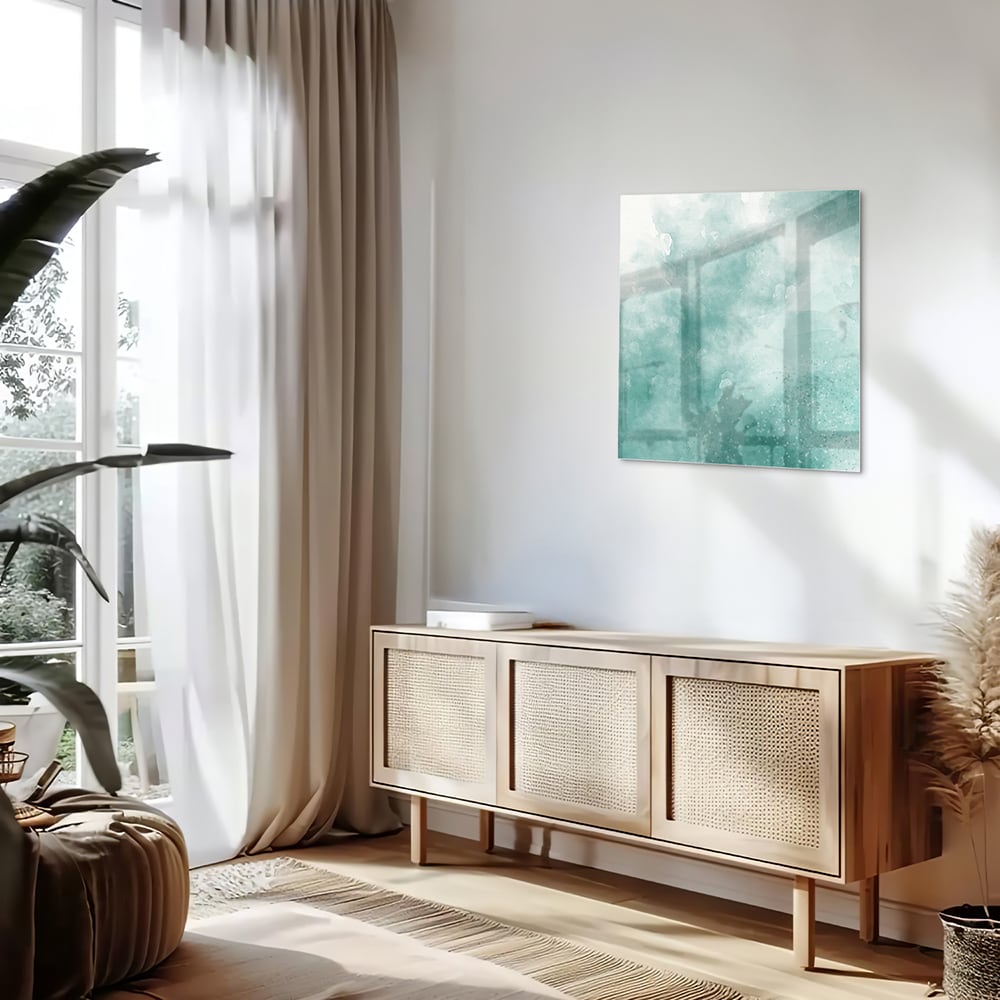 Abstract glazen schilderij in aquablauw kleur, past mooi in een modern interieur.