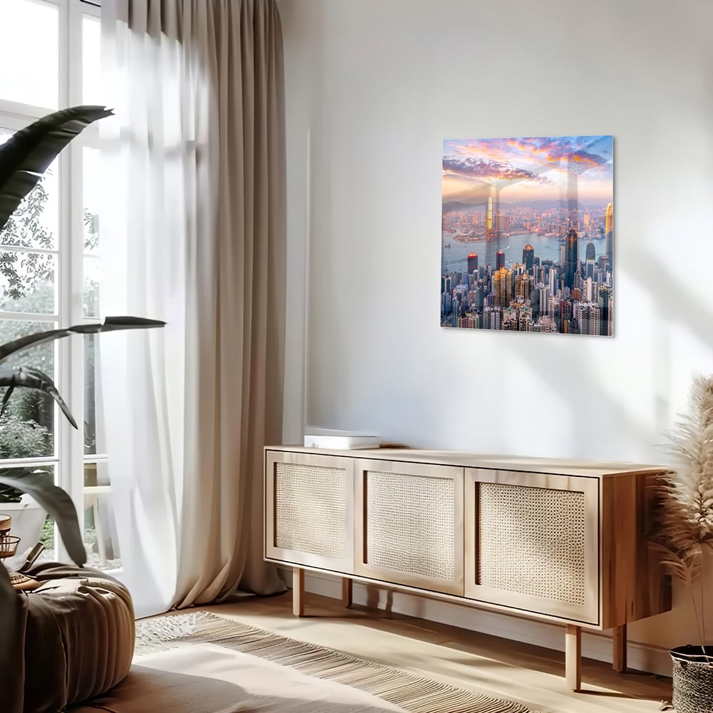 Glazen schilderij van een stadsgezicht met zonsondergang, perfect voor inrichting