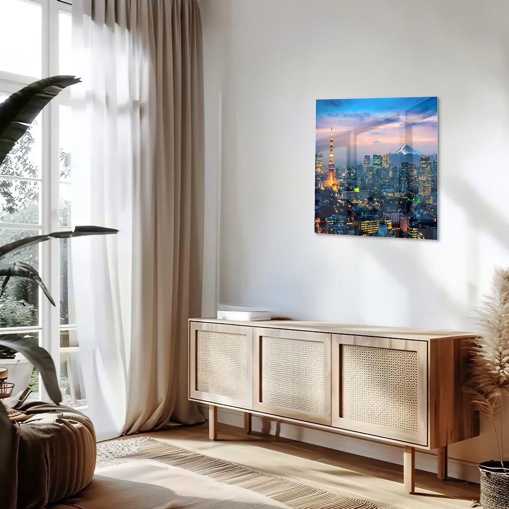 Glazen schilderij van Tokyo met de Tokyo Tower en Mount Fuji in de achtergrond