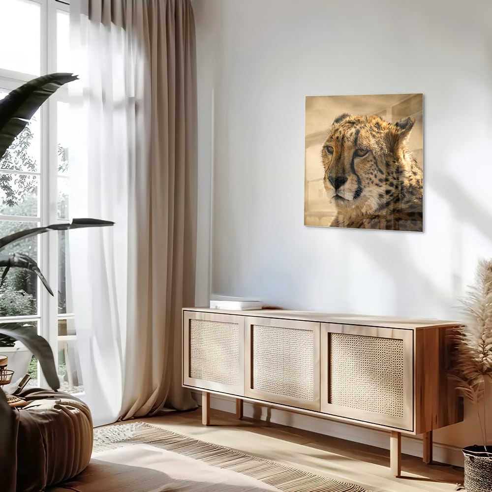 Glazen schilderij van een luipaard hangt aan de muur in een stijlvolle woonkamer.