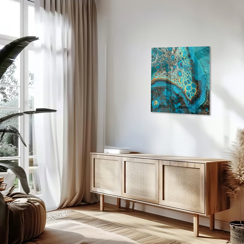 Glazen schilderij in turkoois met gouden accenten aan de muur boven een houten meubel.