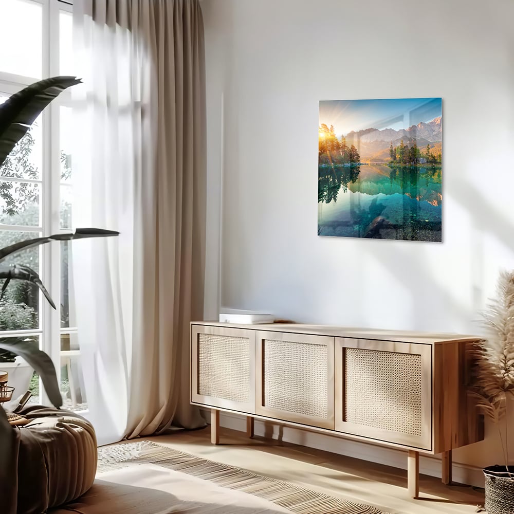 Glazen schilderij van een berglandschap met reflectie in het meer.