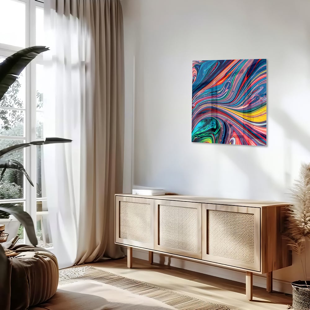 Kleurrijk abstract glazen schilderij aan de muur in een modern interieur.