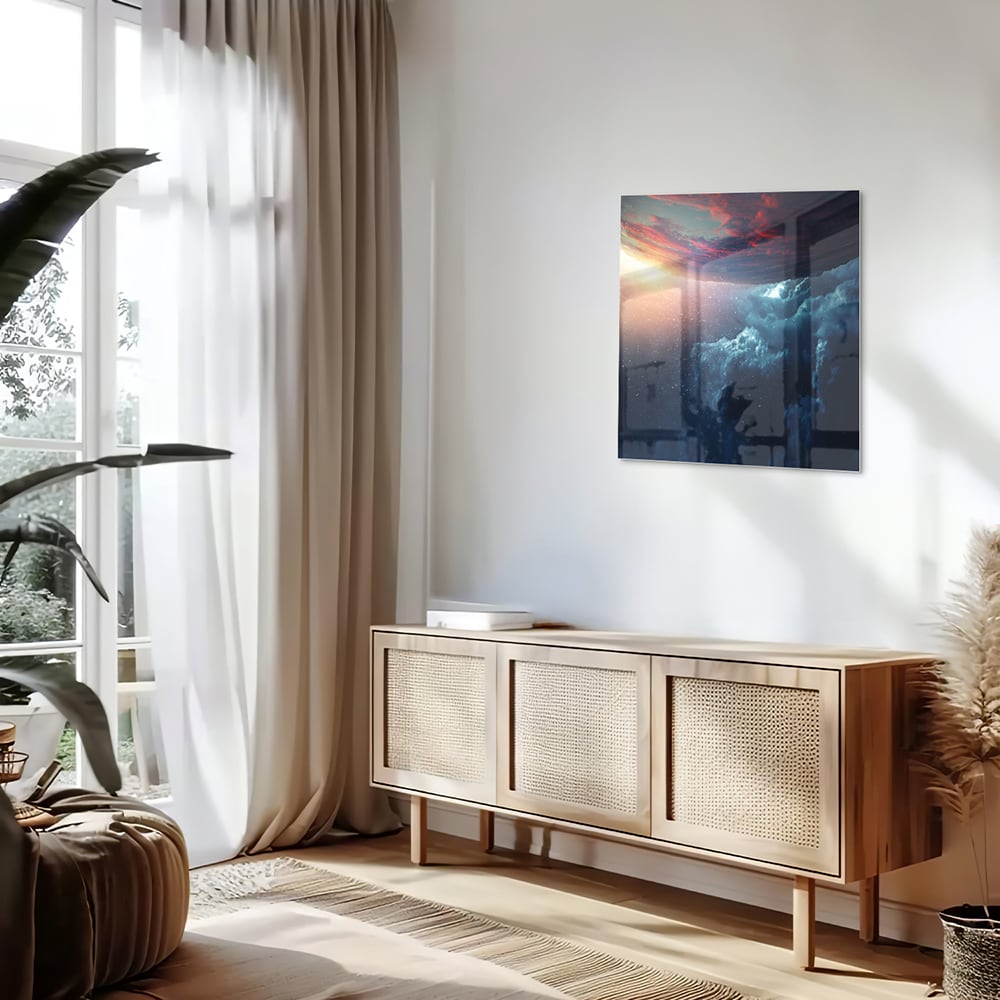 Glazen schilderij met een kosmisch uitzicht en kleurrijke lucht in woonkamer.