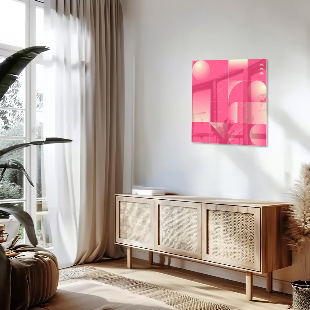 Modern glazen schilderij in frisroze met geometrische vormen.