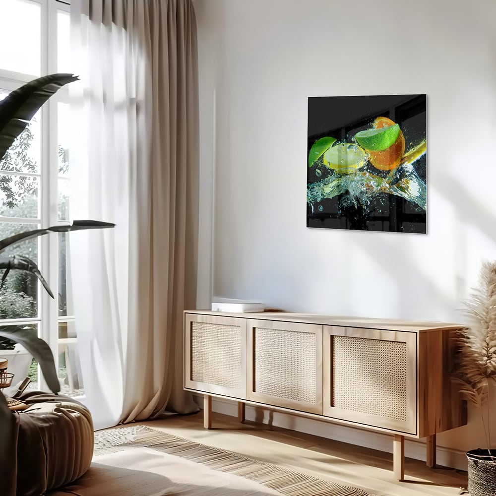 Glas schilderij met kleurrijke citrusvruchten en waterdruppels op een zwarte achtergrond.