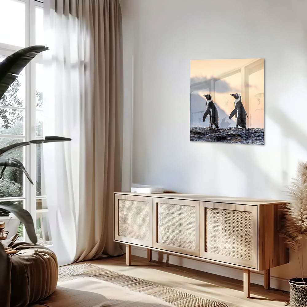 Glazen schilderij van pinguns aan zee met een zonsondergang op de achtergrond