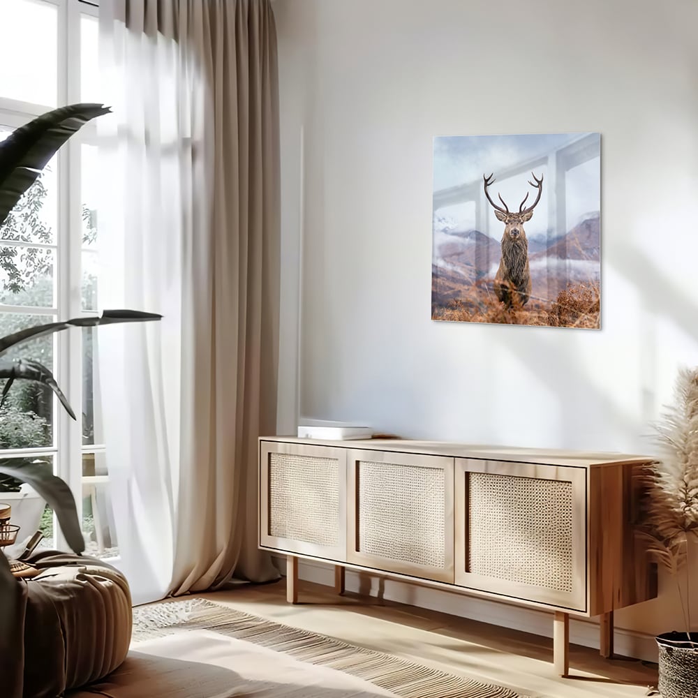 Glazen schilderij van een hert in een berglandschap met natuurlijke kleuren.