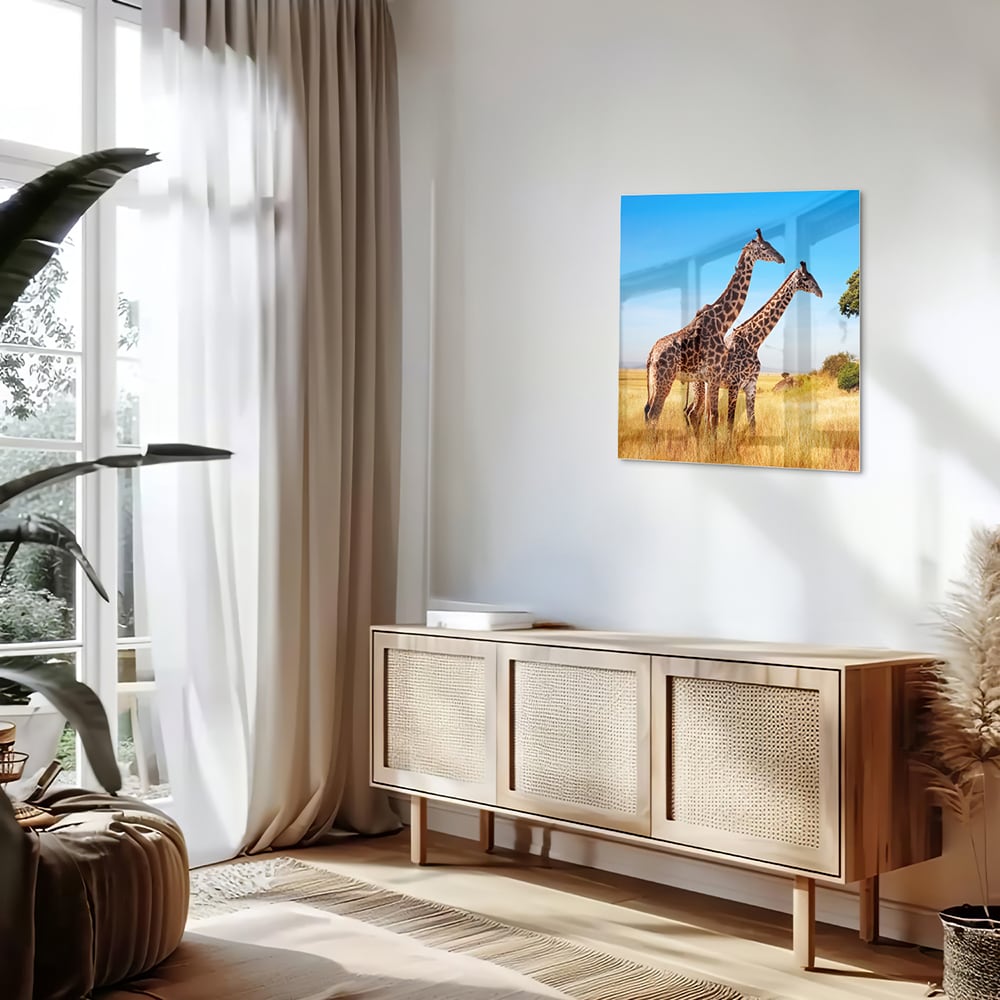 Glazen schilderij van twee giraffen in een Afrikaans landschap