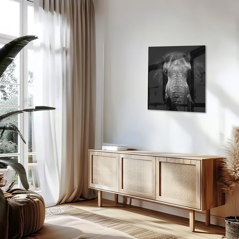 Glazen schilderij van een olifant in zwart-wit, perfect voor interieurdecoratie.