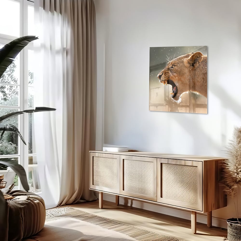 Glazen schilderij van een brullende leeuw, bijzonder kunstwerk voor aan de muur.