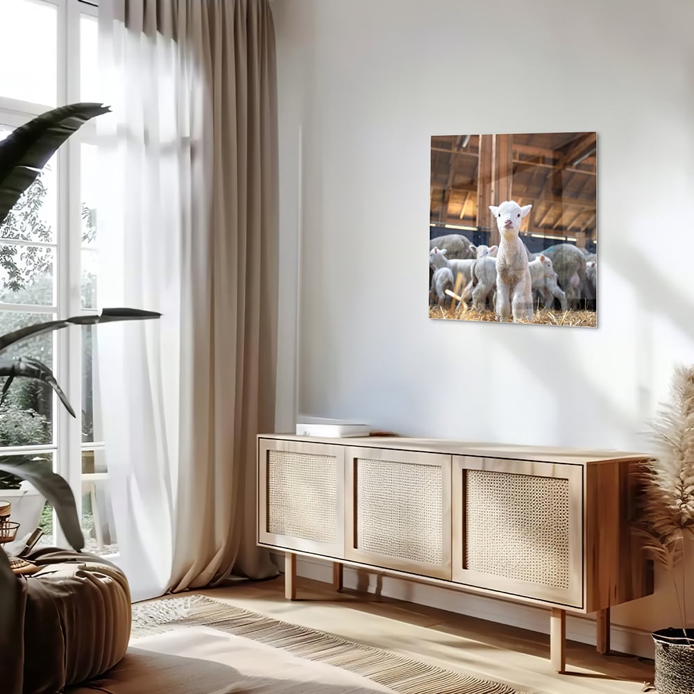 Glazen schilderij met lammetjes in een stal, perfect voor huisdecoratie.