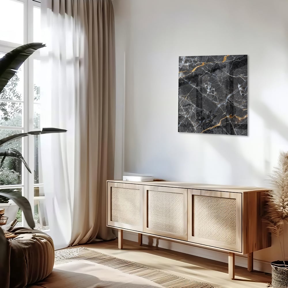 Elegant glazen schilderij met marmerpatroon in zwart en goud
