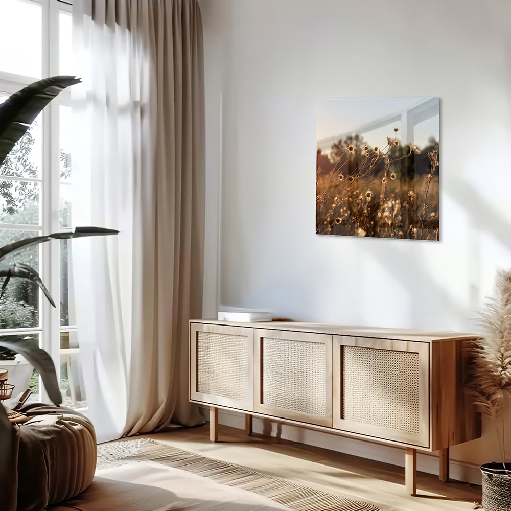 Glazen schilderij van een zonsondergang met bloeiende bloemen, hangend aan een witte muur.