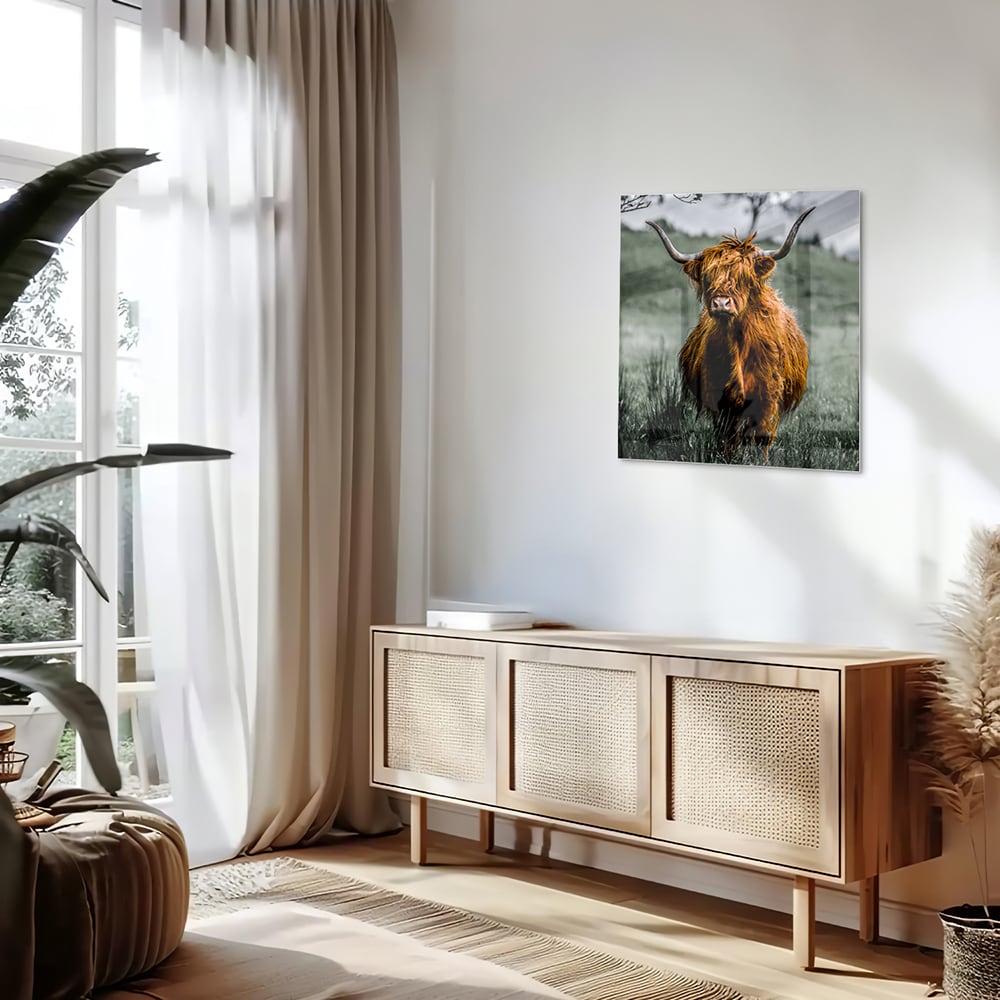 Schots Hooglander schilderij op glas in een groene omgeving.
