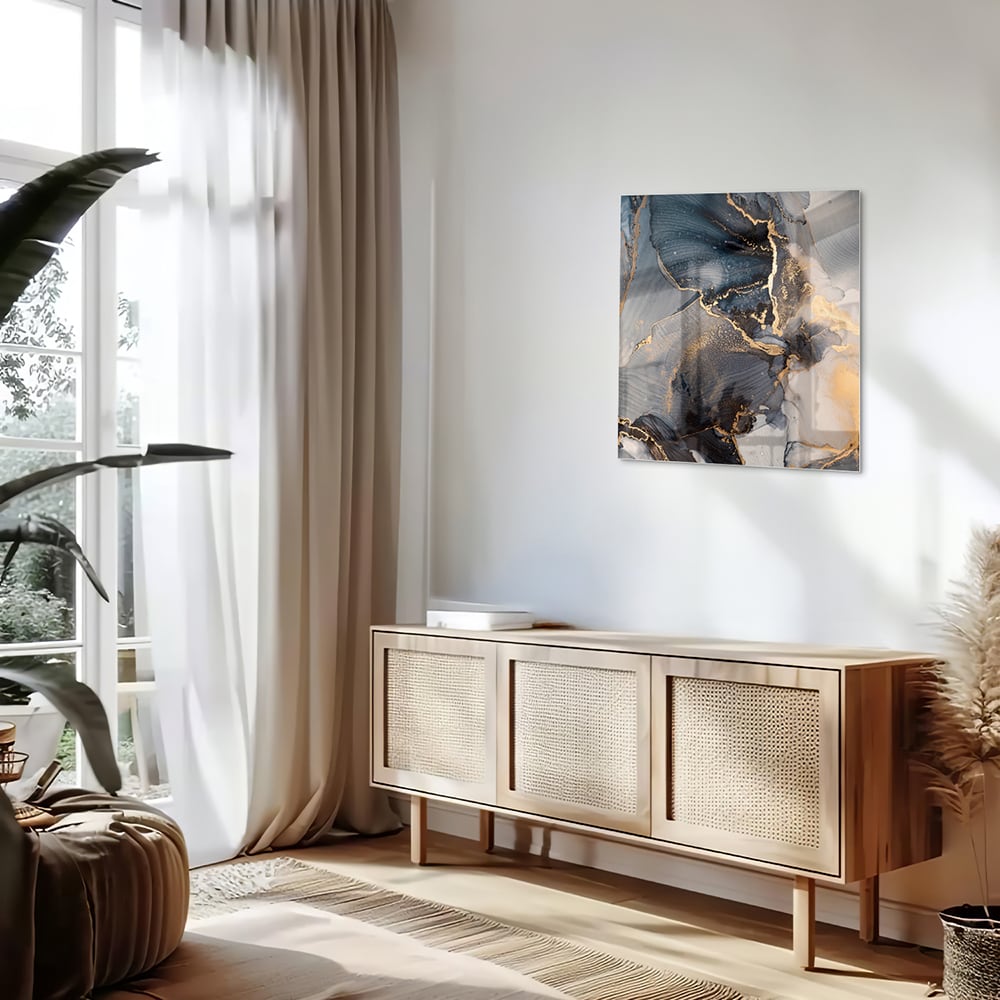 Elegant glazen schilderij met blauwe en gouden abstracte lagen