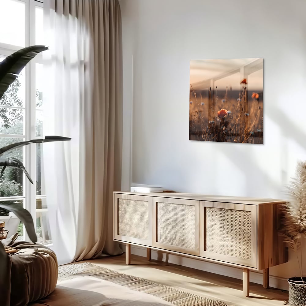 Glazen schilderij van een poppy veld bij zonsondergang, met warme kleuren.