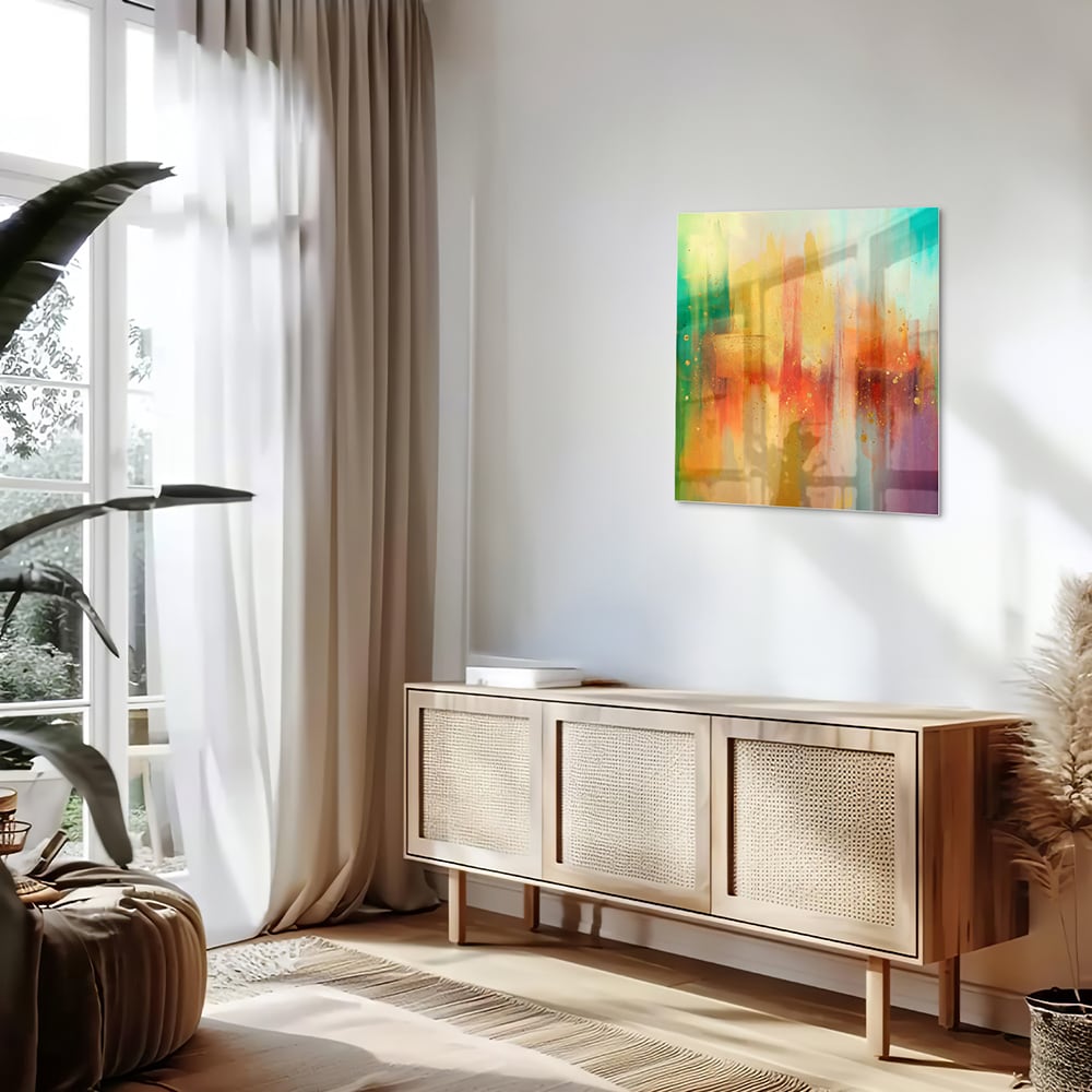 Abstract kleurrijk glazen schilderij aan de muur in een moderne woonkamer.