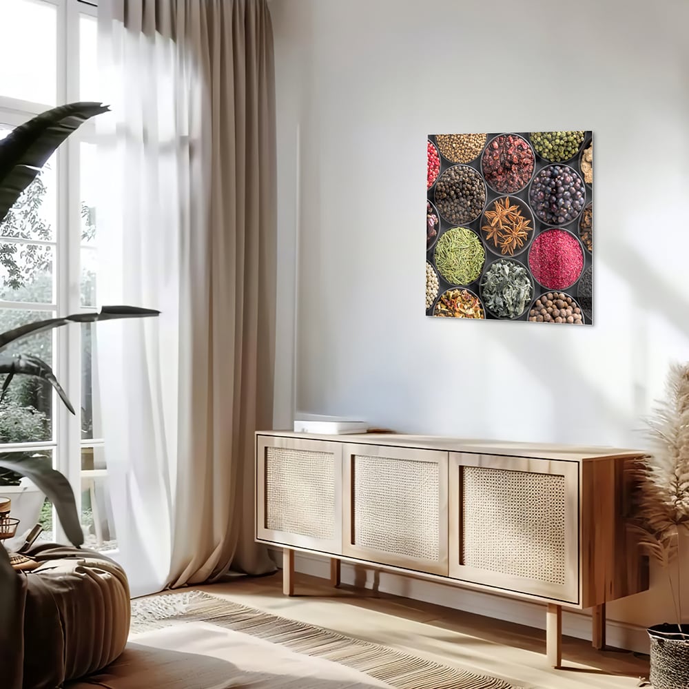 Kleurrijk glazen schilderij met diverse specerijen en kruiden in ronde schaaltjes
