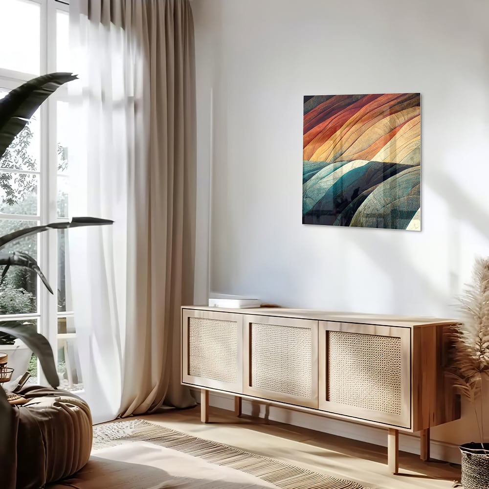 Abstract glazen schilderij met gekleurde golven in een moderne woonkamer.