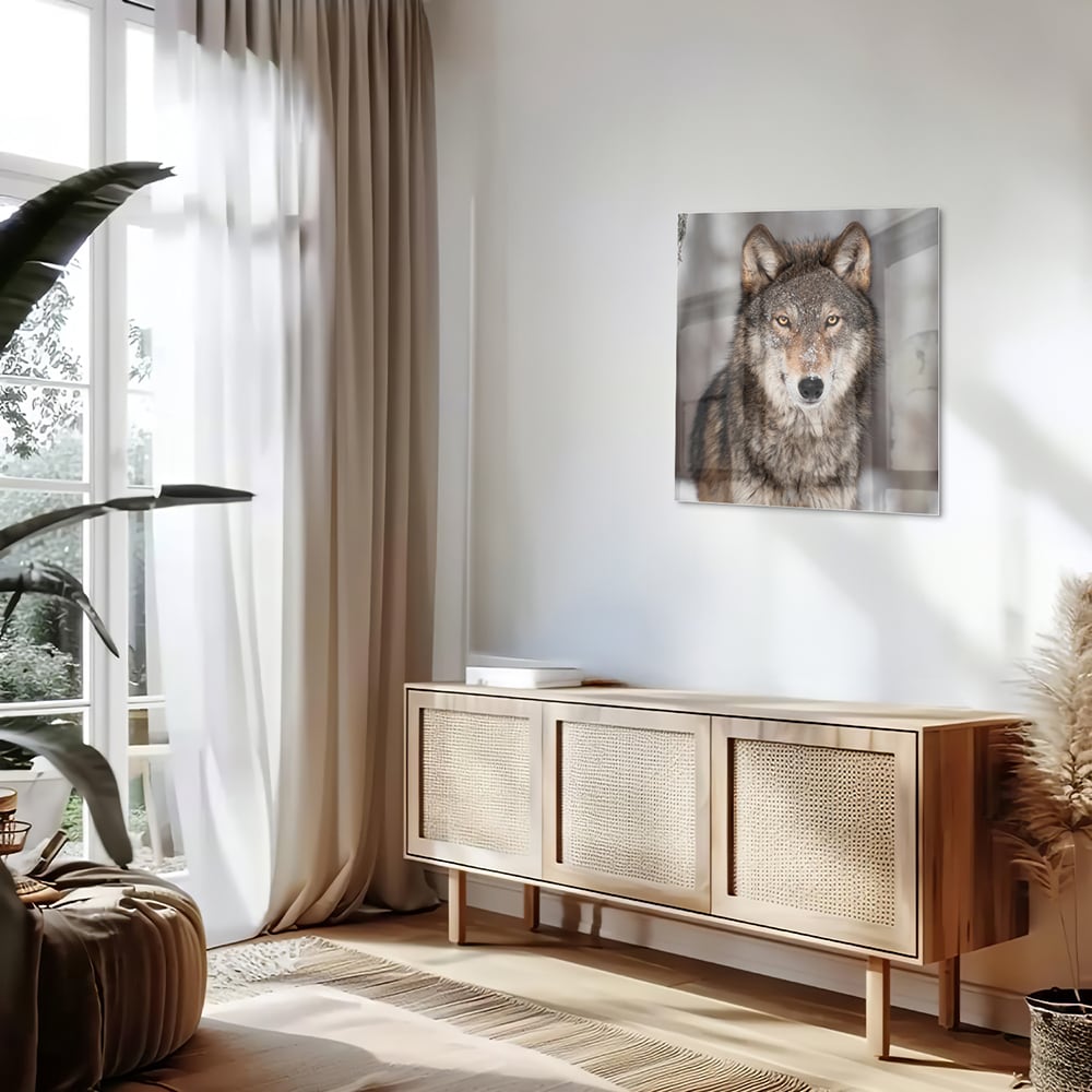 Glazen schilderij van een wolf met indrukwekkende blik in een interieur