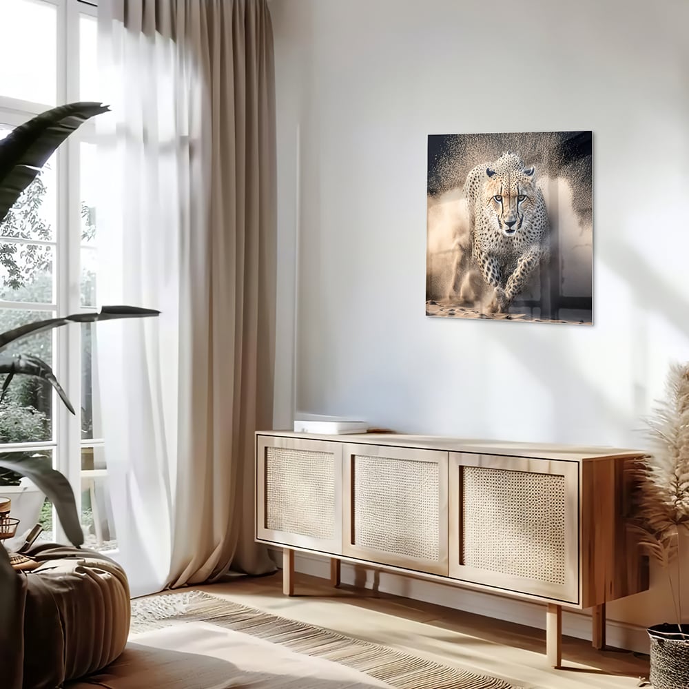 Glazen schilderij van een jachtluipaard die door zand rent in een moderne woonkamer.