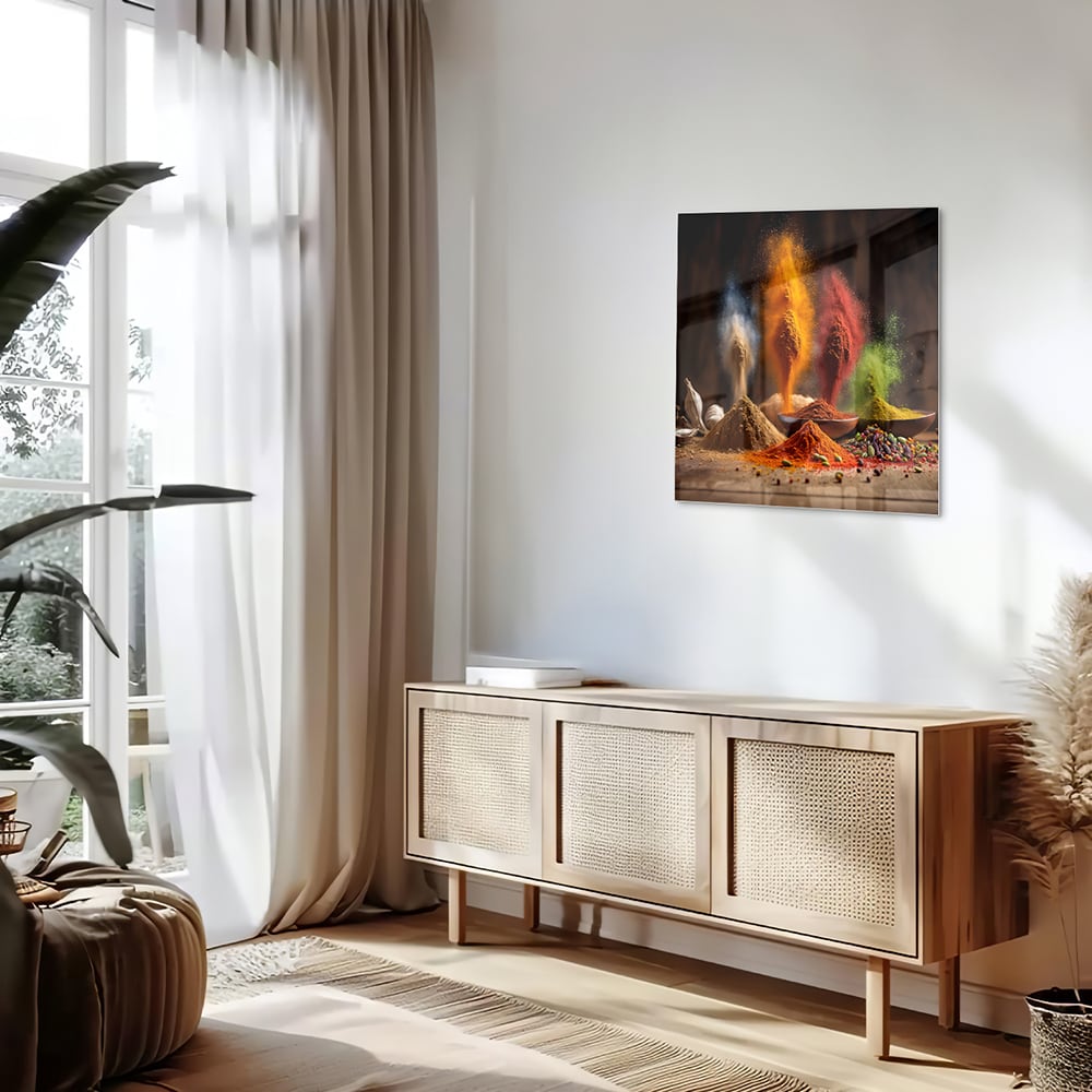 Glazen schilderij met een kleurrijke weergave van specerijen op een houten tafel.