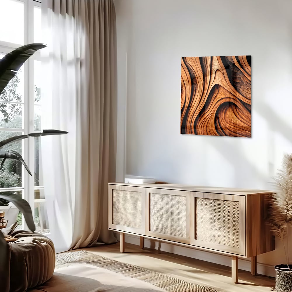 Glas schilderij met houtstrukturen in warme tinten, perfect voor wanddecoratie.