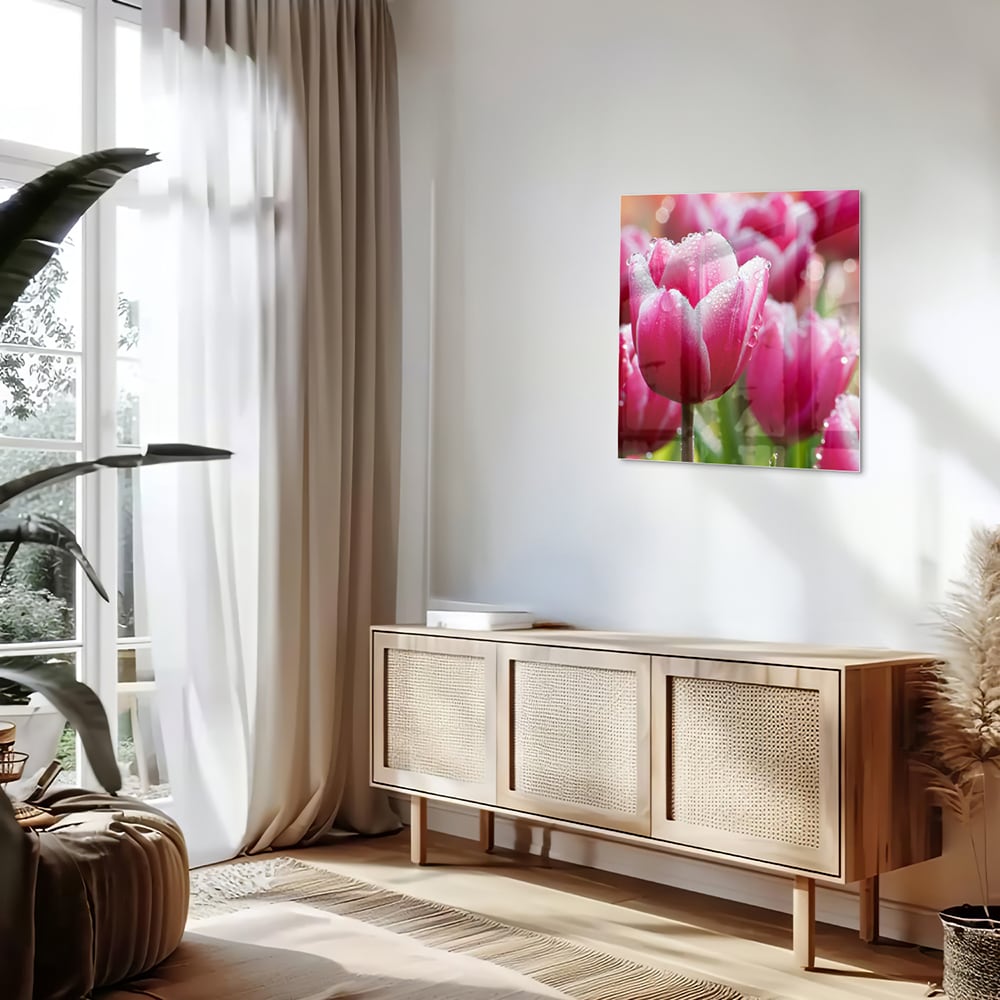 Glazen schilderij van roze tulpen met dauwdruppels, elegant en kleurig.