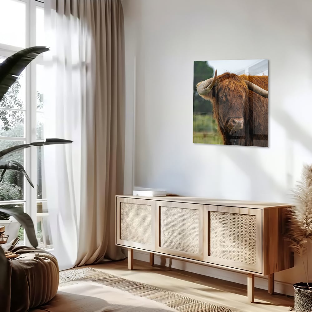 Glas schilderij van een Schotse Hooglander in een moderne woonkamer