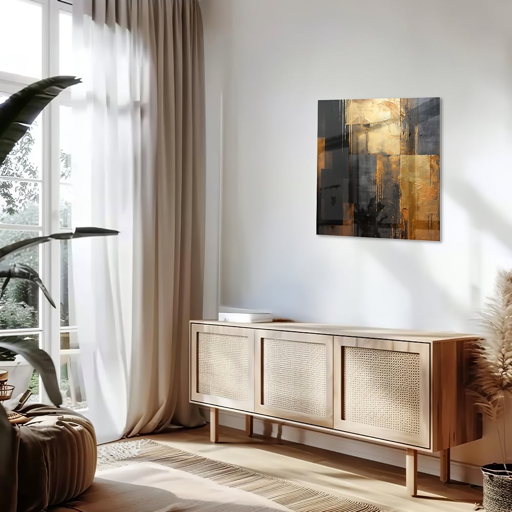 Abstract glazen schilderij in goud en zwart, perfect voor moderne interieurs.