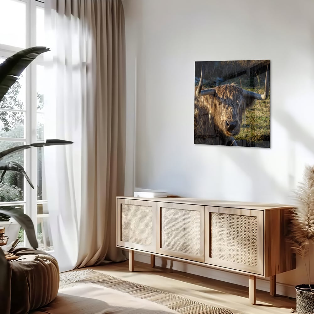 Glazen schilderij van een Highlander rund in een groene omgeving