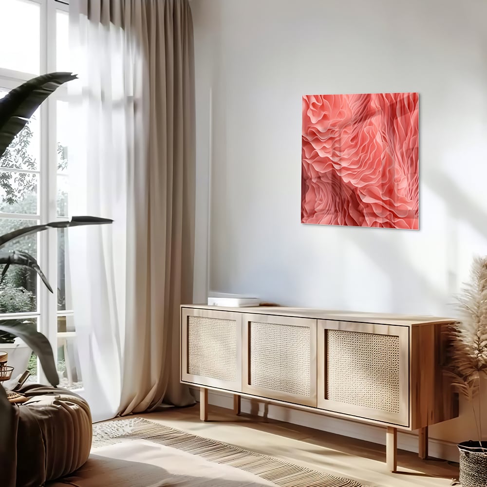 Abstract glazen schilderij in roze met golvende patronen, perfect voor wanddecoratie.