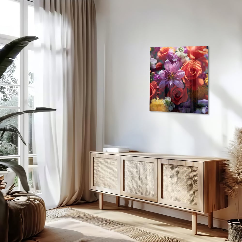 Kleurrijk glazen schilderij met een prachtige bloemencompositie.